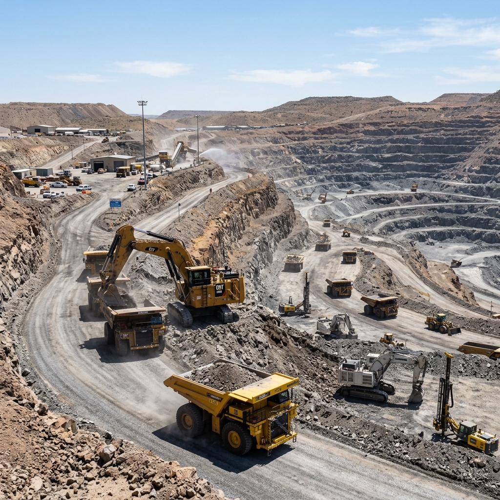 Open pit mining site excavation and heavy dump trucks